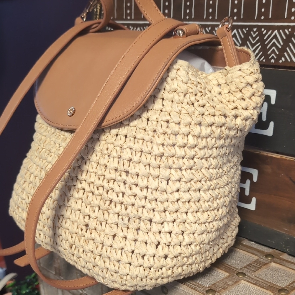 Top Handle Woven Backpack In Camel & Cashew With Rose Gold Details By LC - Picture 4 of 15